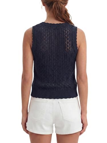 Winnim Sweater Vest Crochet Tops for Women, Button Down Sleeveless Cardigan Sweaters for Women Hollow Out Knit Tank Top, Grey Blue, Medium - Thumbnail 4