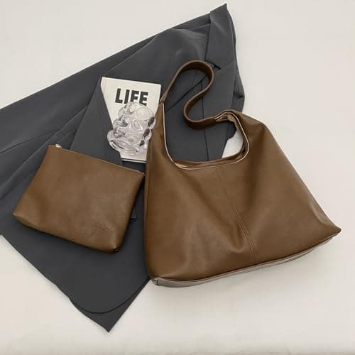 JueiXeoy Leather Hobo Bags for Women Slouchy Tote Bag Retro PU Leather Purse Soft Shoulder Handbags Large Work Tote Bag 2pcs Khaki - Thumbnail 6