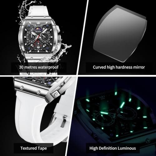 OLEVS Mens Dress Watch 3ATM Waterproof 20cm White Silicone Strap with Black Face Watch for Men Classic Quartz Chronograph SquareTonneau Fashion Men Wrist Watches 98g Lightweigh Ideal Present for Men - Thumbnail 5