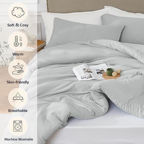 Quataly Queen Comforter Sets Lightgrey,3PCS Soft Lightweight Breathable Bedding Comforter Sets for All Season, Queen Size(90''×90'' Comforter & 2 Pillowcases) - Thumbnail 2