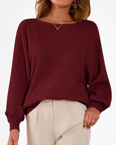 KIRUNDO Sweaters for Women Fall Winter 2026 Oversized Boat Neck Batwing Sleeve Knit Pullover Sweater Tops Fashion Clothing(Burgundy, Large) - Thumbnail 4