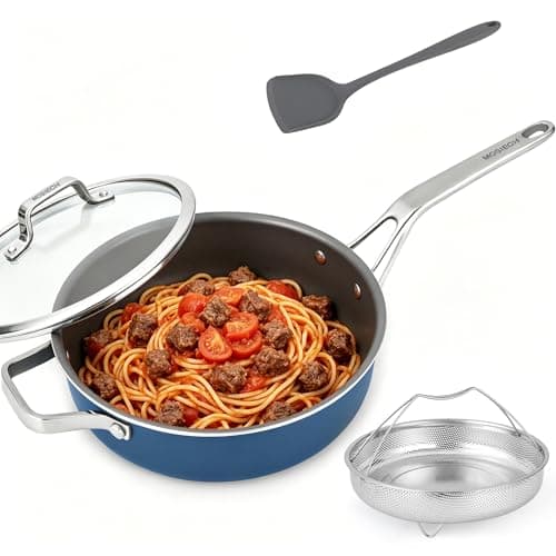 10-in-1 Blue Ceramic Nonstick Deep Saute Pan Set With Steamer & Lid, 4QT - Image 1