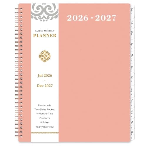 2026-2027 Monthly Planner - Monthly Planner 2026-2027, Jul. 2026 - Jun. 2027, 9" x 11", 12-Month Planner, Tabs & Pocket, Twin-Wire Binding - Rosy Pink