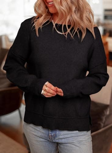 Dokotoo Oversized Sweaters for Women Crewneck Crop Ribbed Knit Tops Solid Color Patchwork Fall Winter Business Casual Pullover Sweater Trendy Black Large - Thumbnail 3