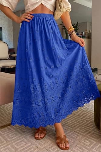 dowerme Women Summer Maxi Skirt Cute Elastic High Waist Boho Eyelet A-Line Cotton Flwoy Long Skirts Spring Clothes 2026(Blue,X-Large) - Thumbnail 4