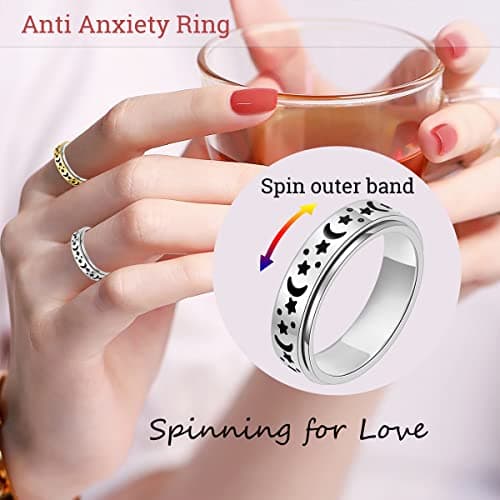 MHWTTY Anxiety Ring for Women Fidget Toys Adults Ring Stainless Steel Spinner Rings Moon Star Fidget Rings Gift for Women Men Silver Size 6 - Thumbnail 2