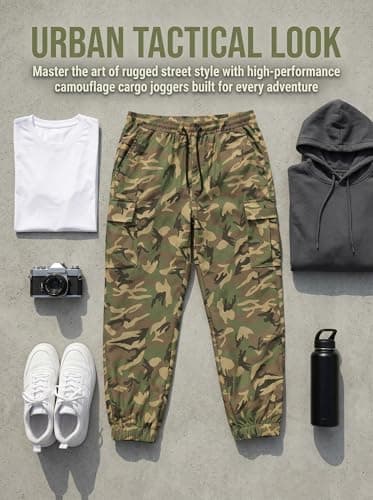 DISLANBO Men's Camo Cargo Jogger Pants Quick Dry Tactical Sweatpants with Elastic Drawstring Waist and Cargo Pockets - Thumbnail 5