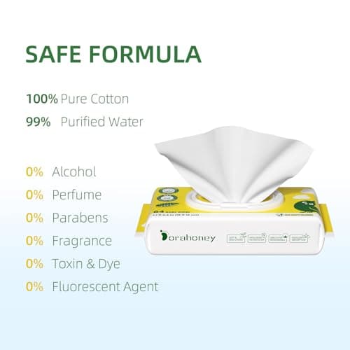 Dorahoney 100% USA Cotton Baby Wipes for Sensitive Skin, 99% Purified Water Unscented Wet Wipes, Hypoallergenic & Plastic-Free, 768 Count (12 Flip-Top Packs of 64) - Thumbnail 3