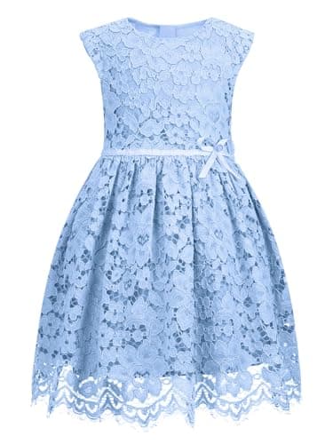 ALLOVIN Girls & Toddlers Sleeveless A-Line Lace Party Dress Birthday Wedding & Flower Girl Dress with Beaded Bowknot | Blue | 2T - Image 1