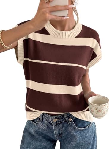 EVALESS Womens Sweaters Spring Summer 2026 Casual Striped Knit Crewneck Cap Sleeve Pullover Sweater Vests Basic Color Block Short Sleeve Tops Apricot XX-Large - Image 1