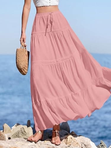 BTFBM Spring Skirts for Women 2026 Summer Boho Beach Vacation Clothes Casual Pleated High Waisted Flowy Maxi Skirt(Pink, XX-Large) - Thumbnail 5