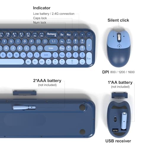 Wireless Keyboard and Mouse Combo, Typewriter Keyboard with Compact Size, Cute Cat Shaped Mouse, USB Plug and Play for Windows, Computer, PC, Laptop, Desktop (Blue Gradient) - Thumbnail 6