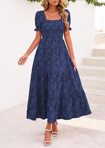 Lazysmile Women's Summer Boho Floral Maxi Dress Short Sleeve Square Neck Smocked Ruffle Elegant Wedding Guest Dress Navy - Thumbnail 3