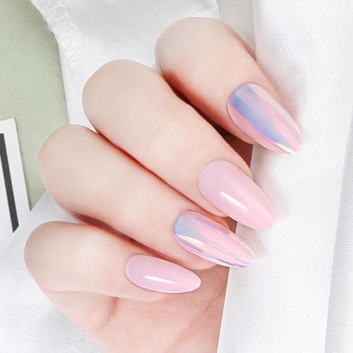 Acrylic Press On Nails Almond - Iridescent Pink Glow False Nails Elegant Durable Salon Quality for Work or Date, 24 Nails in 12 Sizes with Glue, Tabs, File, Prep Pad, Stick - Image 1