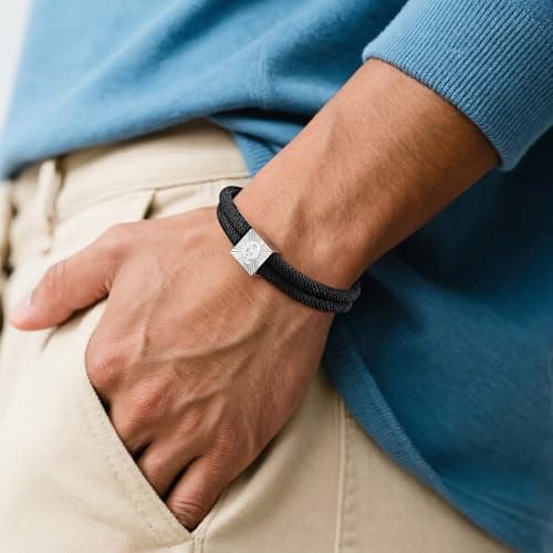 Rope Initial Bracelet for Men, A-Z Letter Black Nautical Braided Rope Bracelets with Initial, Adjustable Metal Knot Handmade Mens Bracelet Jewelry Gift for Him Boyfriend Husband, 5-10.5 Inches - Thumbnail 2