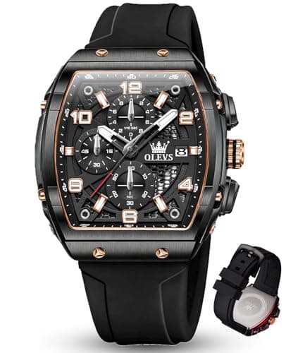 OLEVS Watches for Men Black Silicone Strap Luxury Mens Watches with Date Men's Black Watch Chronograph Square Dress Wrist Watch with Arabic Numerals Waterproof Casual Big Face Relojes para Hombres - Image 1