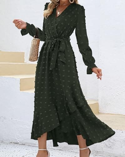 BTFBM Long Sleeve Maxi Dresses for Women V Neck Swiss Dot Boho Flowy Slit Cocktail Wedding Guest Dress Fall Clothes 2025(Army Green, X-Large) - Thumbnail 3