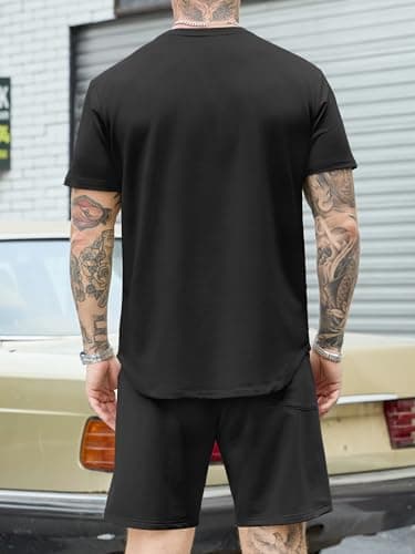 JEMLDL Men's Black 2 Piece Loungewear Set Short Sleeve T-Shirt & Shorts Summer Outfits Casual Comfortable Clothes for Vacation Travel L - Thumbnail 3