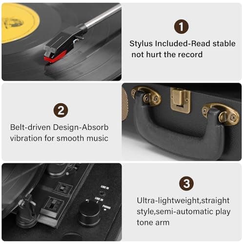 Vinyl Record Player Bluetooth Turntable 3-Speed Suitcase Portable Vintage Belt-Driven Record Player with Built-in Speakers RCA Line Out AUX in Headphone Jack LP Recording to Convert Records to MP3 - Thumbnail 5