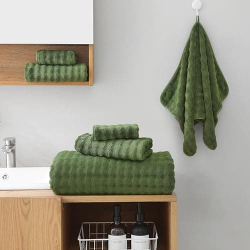KBY Bath Towels Set 6 Piece 40x80 Inches，2 Extra Large Bath Sheets 2 Hand Towels 2 Washcloths，Highly Absorbent Quick Dry Microfiber,Ultra Soft Towel Set for Bathroom，Spa，Gym， Hotel (Olive Green) - Thumbnail 4