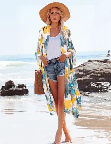 MayBuy Kimonos for Women Swimsuit Coverups Beach Cover Up Swimwear Long Flowy Chiffon Cardigan Summer Boho Open Front Cover Up Big Flower Folds XXXL - Thumbnail 4