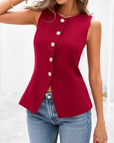 BTFBM Summer Sleeveless Blazer Vest For Women Dressy Button Down Round Neck Business Casual Outfits Work Suit Vests Tops(Red, Medium) - Thumbnail 4