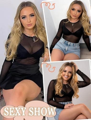 Avidlove Black Mesh Top Women Sheer Blouses for Women Mesh Undershirt Women T Shirt Black Long Sleeve Top Black S - Thumbnail 5