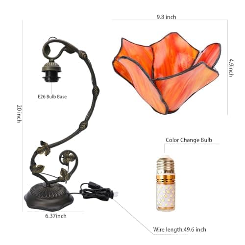 FILIUTF Stained Glass Table Lamp, Orange-Red Flower Style Metal Leaf Base Desk Reading Light, Adjustable 3 Color Temperature Decor for Bedroom Home Office - Thumbnail 6