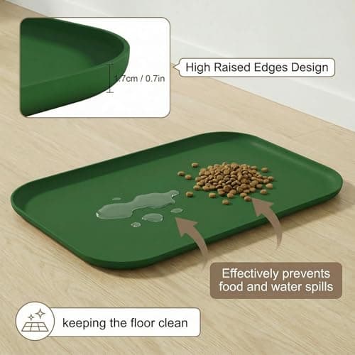 BLESWIN Waterproof Silicone Pet Feeding Mat Green with Raised Edge,24" x 16"Non-Skid Spill Proof Dog Bowl Mats, Easy Clean Cat Bowls Placemat for Cats and Dogs - Thumbnail 3