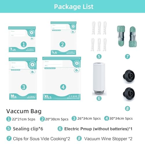 31 PCS Electric Vacuum Sealer, Sous Vide Bags, Portable Mini Vacuum Sealer with 20Pcs Reusable Food Saver Sealer Bags, 4 Sealing Clip, 2 Clips for Sous Vide Cooking, 2 vacuum wine stoppers - Thumbnail 3