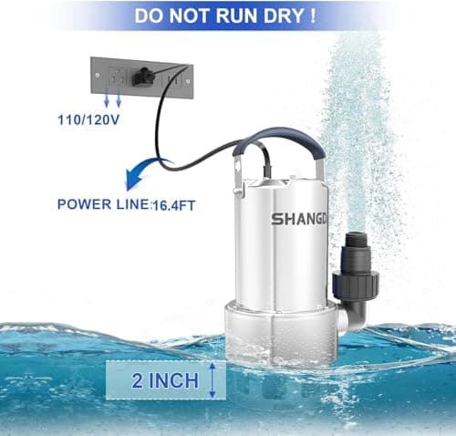 SHANGDA Sump Pump 1.5HP Submersible Water Pump 4500GPH Stainless Steel Electric Clean/Dirty Water Draining Transfer Pumps with Adapters for Pool Hot Tub Pond - Thumbnail 4