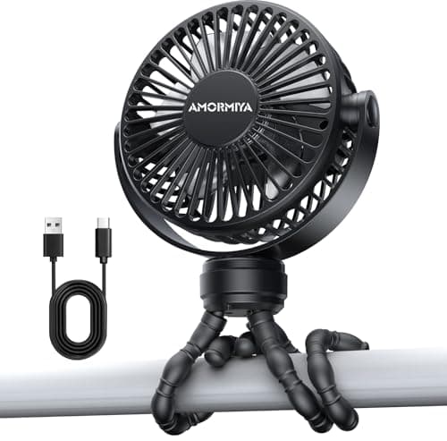 AMORMIYA Portable Battery Powered Stroller Fan with Flexible Tripod, Black