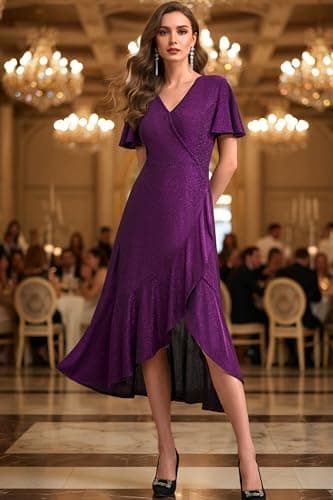 Autumn Flowerwall Women Plus Size Wedding Guest Dress Sparkle Purple 2XL Lustrous Knit V Neck Flutter Sleeve Cocktail Dress A-Line Formal Party Gowns Curvy Evening Elegant Slit Dress - Thumbnail 6