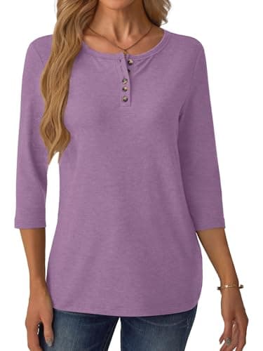 GKBK 3/4 Sleeve Womens Tops Fall Clothes Henley Casual Spring Summer Lightweight Basic Tunic Shirts Purple - Thumbnail 4
