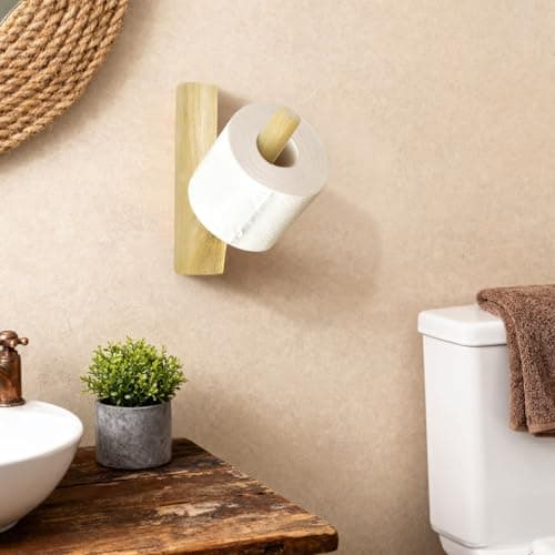 Wooden Toilet Paper Holder Wall Mount- Self Adhesive Bathroom Tissue Roll Holder, Retro Bohemian Farmhouse Style, No Drilling for Small Spaces Bathrooms RVs and More - Natural Wood Color - Thumbnail 2