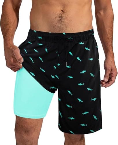 XiaoMoSha Mens Swim Trunks 9 Inch Board Shorts with Compression Liner Swimsuit Quick Dry Bathing Suit with Pockets Hawaiian Summer Beach Surf Swimwear S Black