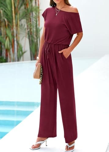 KIRUNDO Womens Jumpsuit 2026 Casual Summer Loose One Piece Off Shoulder Elastic Waist Wide Leg Long Romper with Pockets(Wine Red, Small) - Thumbnail 6