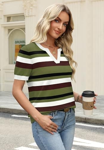 WIHOLL Spring Tops for Women Plus Size Short Sleeve Sweaters for Women Business Casual Fashion Clothing Capsule Wardrobe 2026 Trendy Women's Clothing Womens Tops Shirt Women Green 2XL - Thumbnail 4