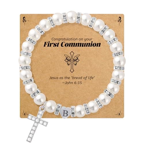 BAYLAY First Communion Gifts for Girls, Cross Bracelet for Teen First Communion Bracelet for Girls Pearl Letter B Initial Charm Bracelet First Holy Communion Gifts for Girl Catholic - Image 1