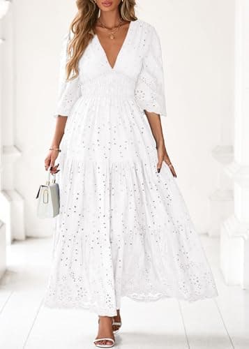 Lazysmile Long Sleeve Dresses for Women V Neck Hollow Out Eyelet Ruffle Swing A-Line Fall Vacation Boho Maxi Dress White - Thumbnail 4
