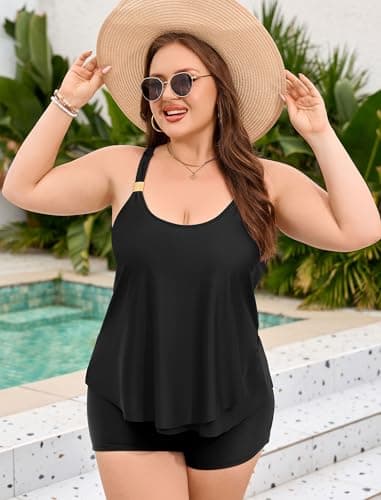ZAFUL Plus Size Flowy Tankini Swimsuits for Women Two Piece Bathing Suit Ruffle Tankini Top with High Waisted Swim Shorts Black 2XL - Thumbnail 4