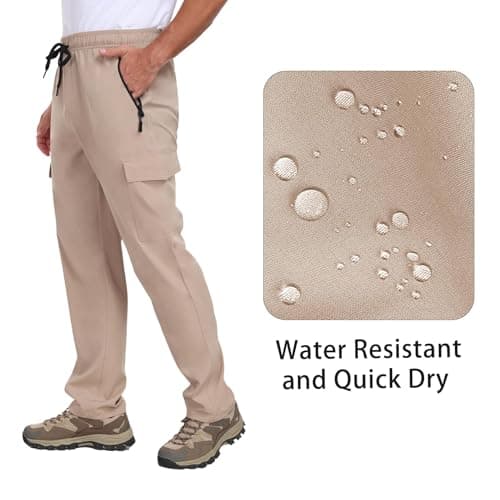 Mens Cargo Hiking Pants with 4 Pockets Waterproof Quick Dry Elastic Waist Drawstring UPF 50+ Lightweight Work Casual Travel Golf Workout Gym Khaki L - Thumbnail 6
