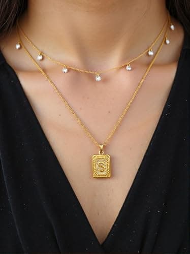 Nododugs Gold Layered Necklace for Women 18K Gold Plated for Women Rhinestone Choker Square Letter Pendant Necklace Gold Initial Necklaces Trendy Simple Jewelry Gifts (S, Gold) - Thumbnail 2