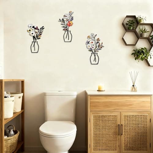 ArtCachet 3-Piece Metal Floral Wall Art - Bathroom Arts & Modern Farmhouse Decor,Home Wall Decors Sculptures for Living Room, Dining Room, Bedroom Wall Decorations & Housewarming Gift(Beige -3) - Thumbnail 3