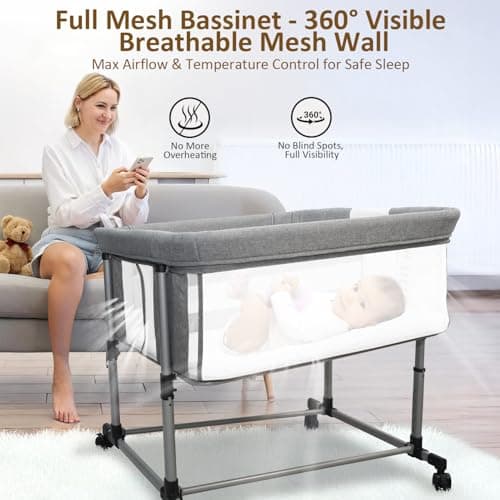 Cheermomo Twin Bassinet for 2 Babies, Double Bassinet for Twins, Baby Bassinet with Wheels, Full-Mesh Sides, 5-Height Adjustable, Portable and Stable Baby Crib for Newborns (Basic Grey) - Thumbnail 6