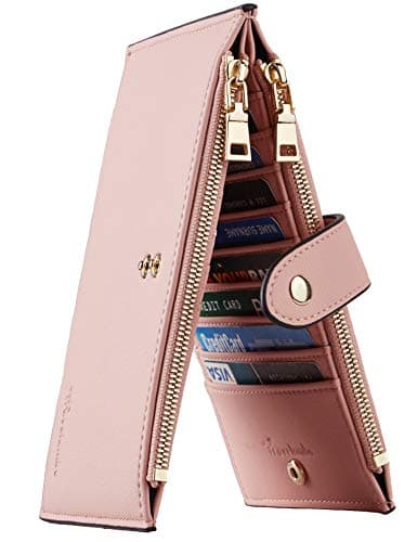 Travelambo Womens Wallet Slim RFID Blocking Bifold Credit Card Holder Wallet with 16 Card Slots, 2 Zippered Pockets (Pink Lotus) - Image 1