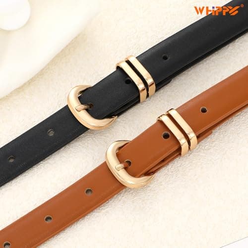WHIPPY 2 Pack Skinny Leather Belts for Women Thin Ladies Fashion Belt C-Shaped Gold Buckle Black Belt for Jeans Pants Dresses, Black+Brown, M - Thumbnail 5