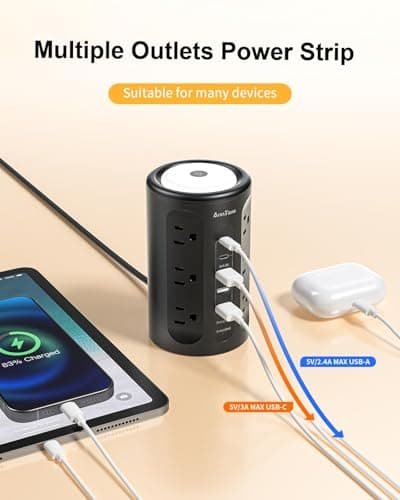 AnnTane Power Strip Tower with Night Light, Power Strip Surge Protector with USB Ports, Extension Cord 10 FT with Multiple Outlets (12AC+3A+2C) for Home Office Desk DormRoom (Black) - Thumbnail 6