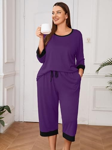 AusLook Women’s Plus Size Pajama Sets Purple 2X Soft 3/4 Sleeve Nightwear Top and Capri Pants Lounge Set with Pockets - Thumbnail 4