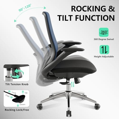 BERYTH Ergonomic Office Chair, High Back Mesh Desk Chair with Lumbar Support, 360° Swivel & Slide-Adjustable Arms, Tilt Lock and Recline, Breathable Task Chair for Home Office & Gaming (Blue) - Thumbnail 6